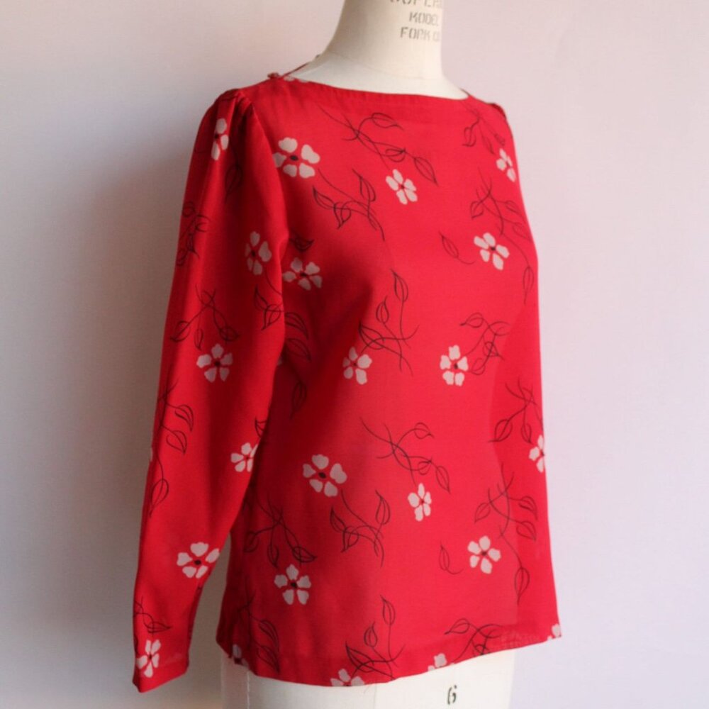 Vintage 1990s 2000s Blouse, Pant-her Red and White Floral Print Shirt Grandma - Picture 6 of 10